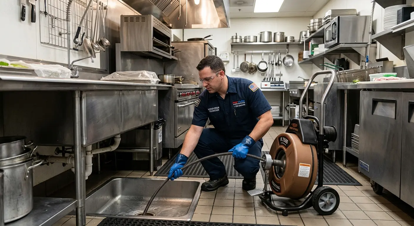 Commercial drain cleaning service in a restaurant kitchen in Olney