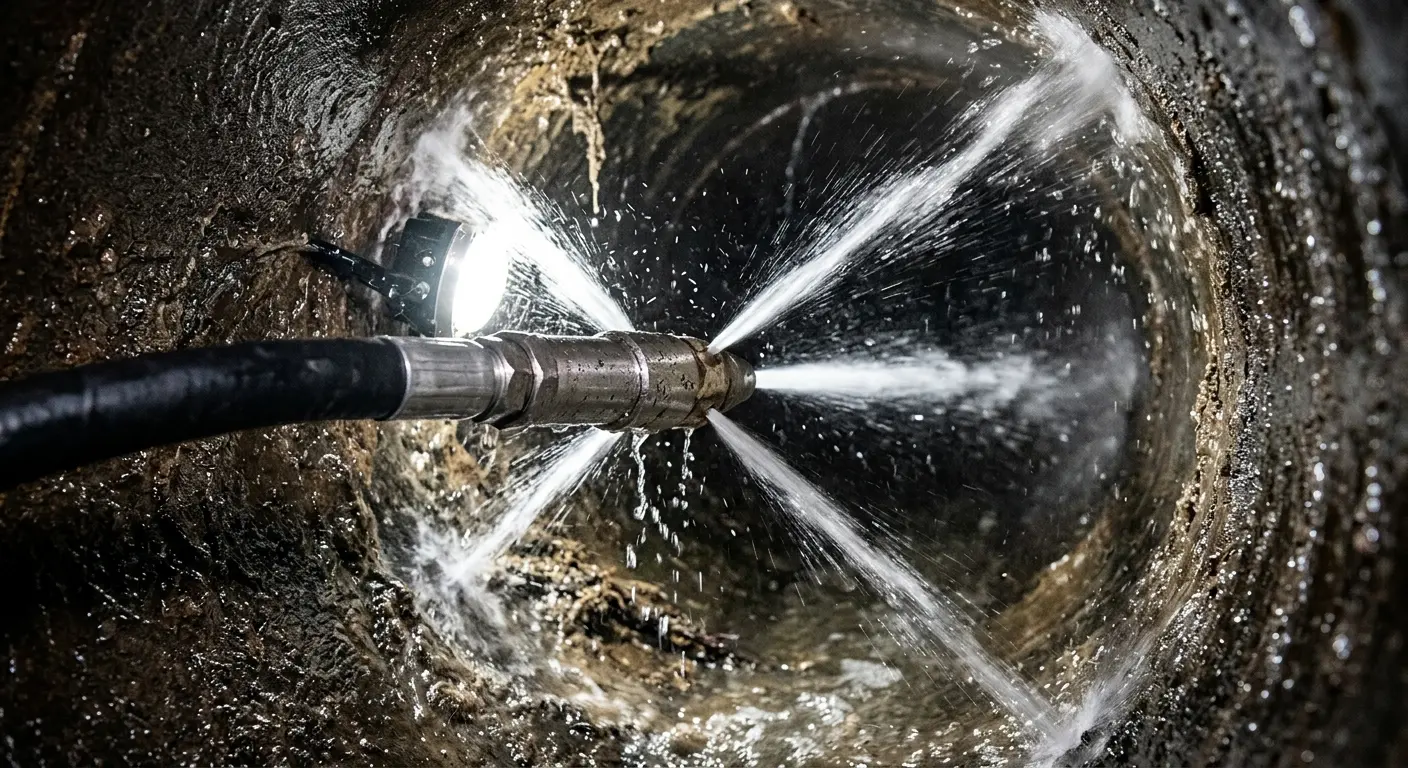 High-pressure hydro jetting nozzle cleaning sewer pipe for Sewer Cleanout in Olney