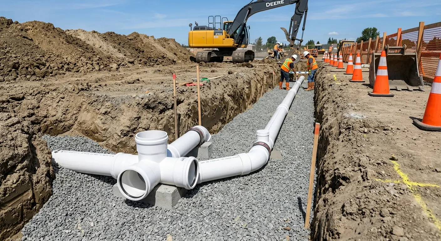 New PVC sewer pipe installation in open trench for Commercial Drain Cleaning in Olney