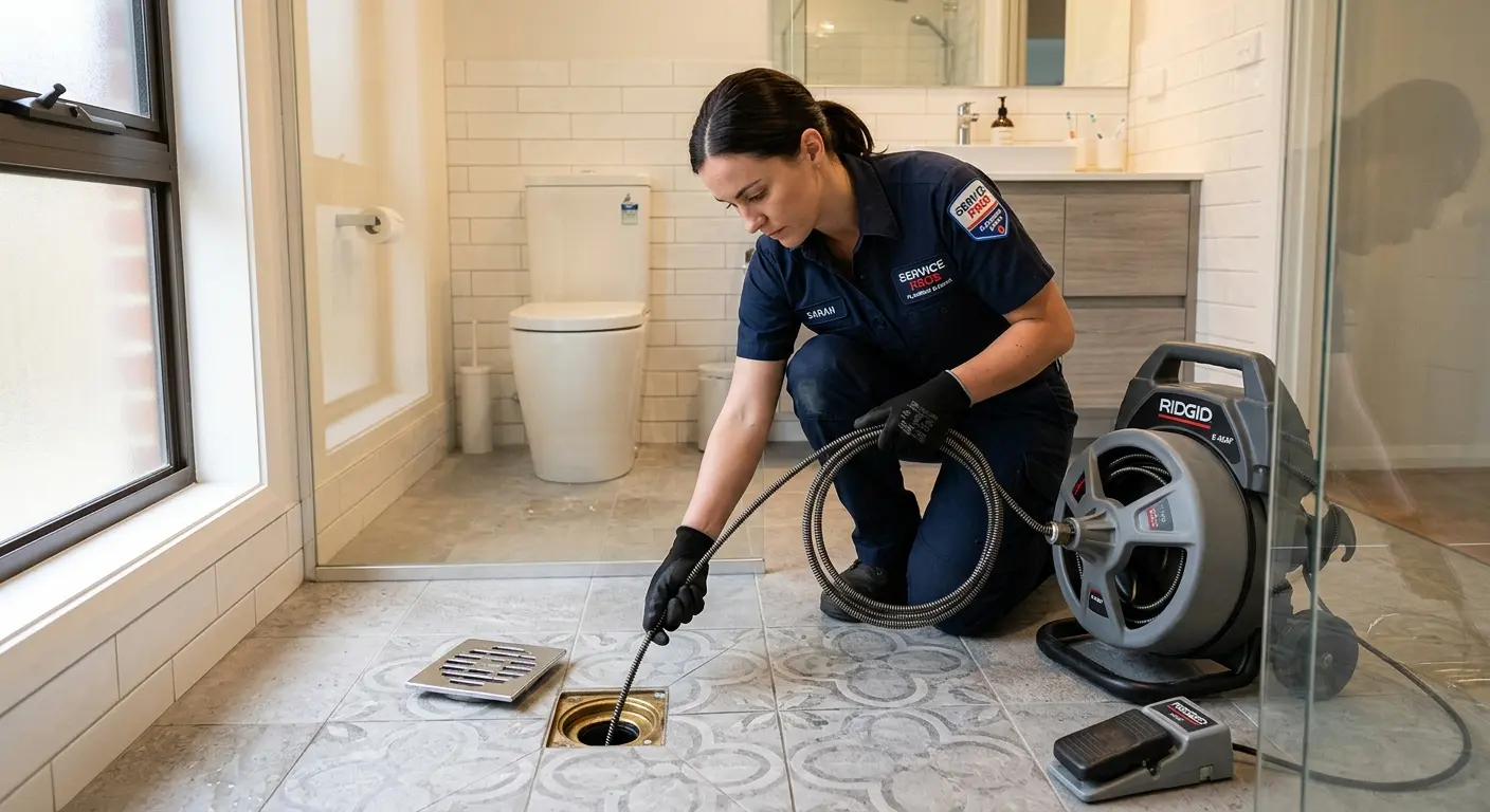 Technician clearing a bathroom floor drain for Clogged Drain Repair in Olney
